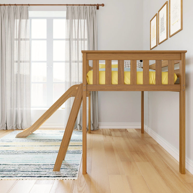Wooden kids loft bed with slide and yellow bedding in bright modern children's bedroom with striped rug, sheer curtains and framed wall art