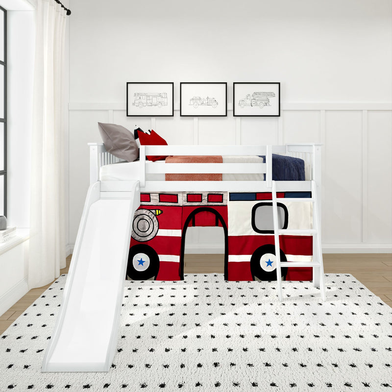 White kids bunk bed with slide and red fire truck play-tent curtain, framed fire truck wall art in modern neutral kids bedroom