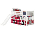 White kids loft bed with slide and ladder featuring red firetruck play-tent panels and decorative pillows