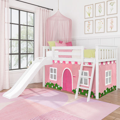 White loft bed with slide and pink playhouse tent, sheer pink canopy, pastel pillows and green polka-dot blanket, framed botanical wall art in a bright girls' bedroom