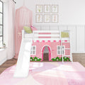 Twin Low Loft Bed with Slide & Pink & White Farmhouse Curtain