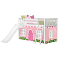 White wooden kids loft bed with slide and ladder, pink playhouse curtain and green-and-pink polka-dot bedding