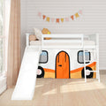 White kids loft bed with slide and orange airplane play tent underneath, neutral pillows and flower cushion, pastel bunting on shiplap wall and beige curtains