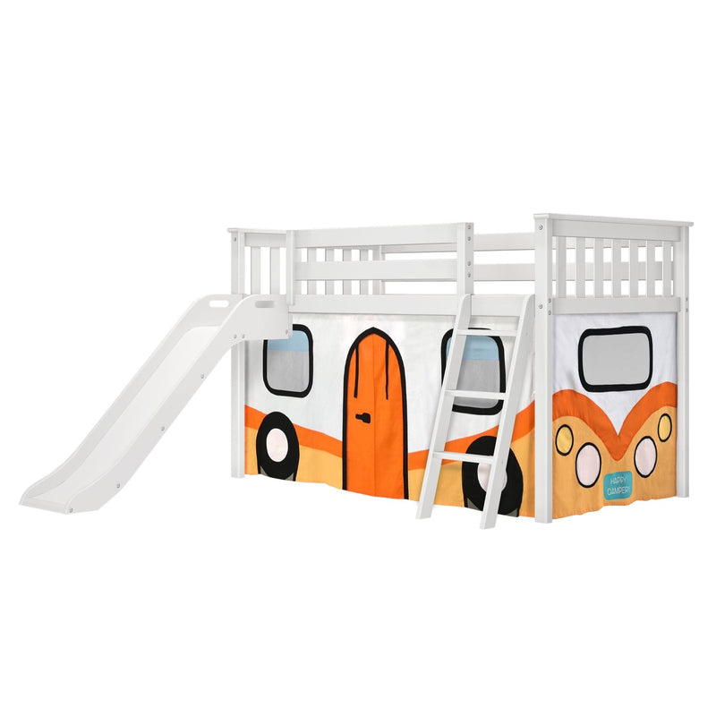 White wooden kids loft bed with slide and ladder and orange camper-van play-tent panels underneath, children's playhouse bed