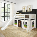 Farmhouse-style white children's loft bed with slide and playhouse curtain, plaid bedding, bunny wall art and large black-grid window in a neutral nursery