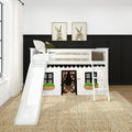 White wooden loft bed with slide and playhouse curtain in modern kids bedroom, black accent wall, bunny framed art, ladder and natural jute rug