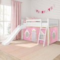 Princess loft bed for girls with white wooden frame and slide, pink castle play-tent panels, decorative bunting and pink curtains in a bright kids' bedroom