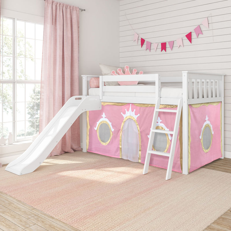 Princess loft bed for girls with white wooden frame and slide, pink castle play-tent panels, decorative bunting and pink curtains in a bright kids' bedroom