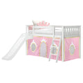 White wooden loft bed with slide and ladder, pink princess play-tent panels and crown pillow for girls' bedroom