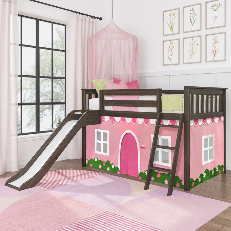 Loft bed with slide and ladder, dark wood frame with pink playhouse curtain and canopy, pillows and floral wall art in girls' bedroom