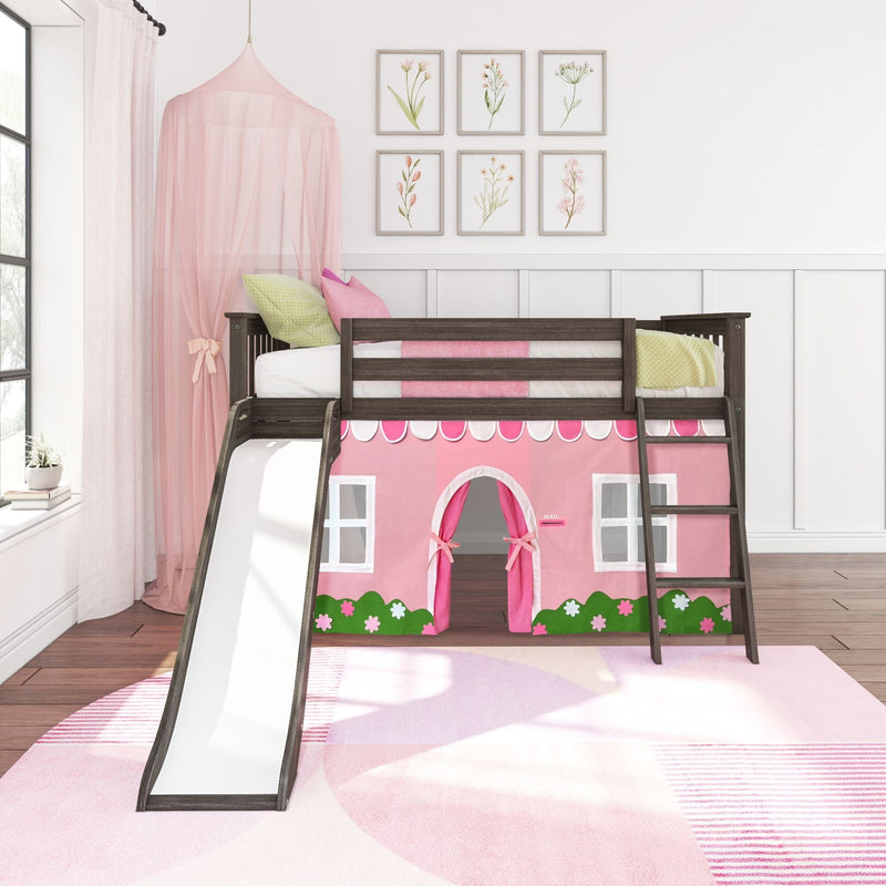 Dark wood girls loft bed with white slide and pink playhouse curtain, canopy, ladder and framed floral wall art in a bright kids' bedroom
