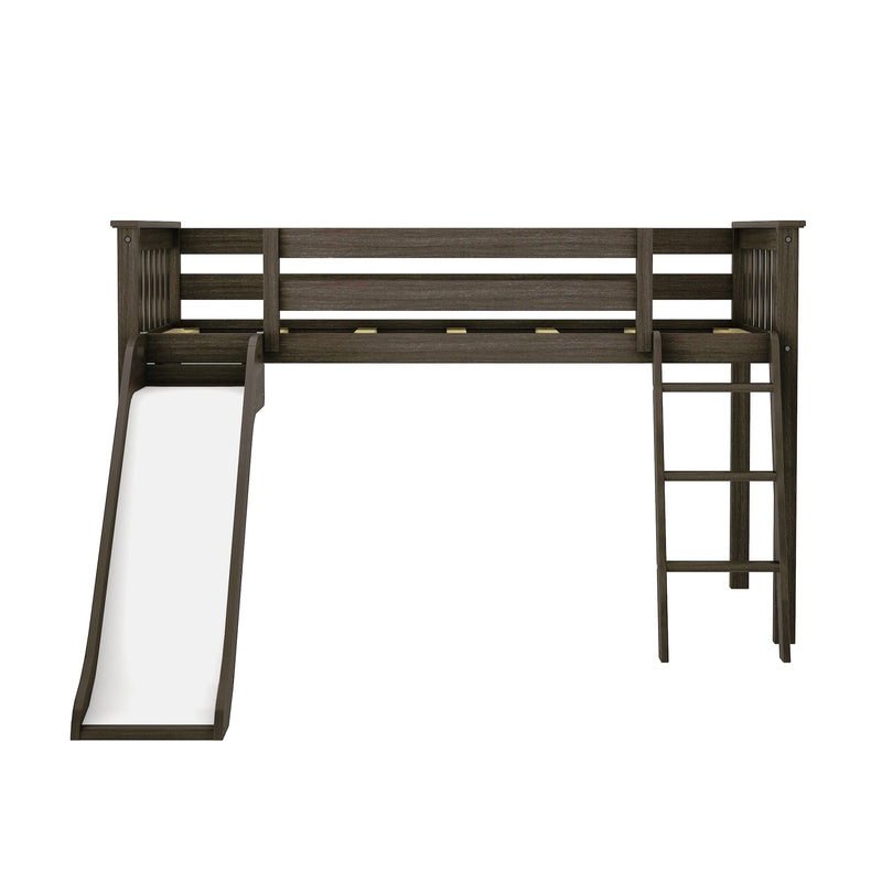 Dark brown wooden twin loft bed with slide and ladder, space-saving kids bedroom loft with slatted guardrails and open under-bed area
