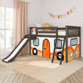 Kids loft bed with slide and ladder featuring orange camper play-tent curtain, flower pillow, pastel bunting and soft natural light