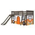 Children's dark wood loft bed with slide and ladder, orange camper-themed play tent underneath — kids wooden bunk bed playset