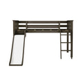 Dark brown wooden twin loft bed with integrated slide and ladder, safety guardrails and space-saving design for kids' bedroom furniture