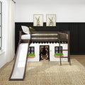 Dark wood kids loft bed with slide and ladder, fabric playhouse tent underneath, twin mattress and bunny wall art in modern children's bedroom