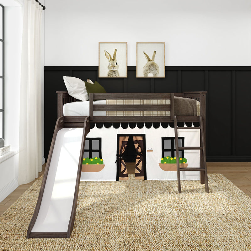 Twin Low Loft Bed with Slide & Black & White Farmhouse Curtain
