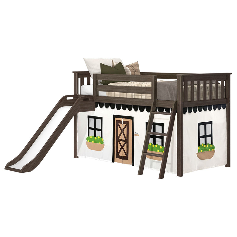 Dark brown wooden kids loft bed with slide and ladder, farmhouse playhouse curtain, plaid bedding and decorative pillows