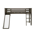 Dark wood twin loft bed with built-in slide and ladder, sturdy slatted guardrails and space-saving play loft for kids' bedroom