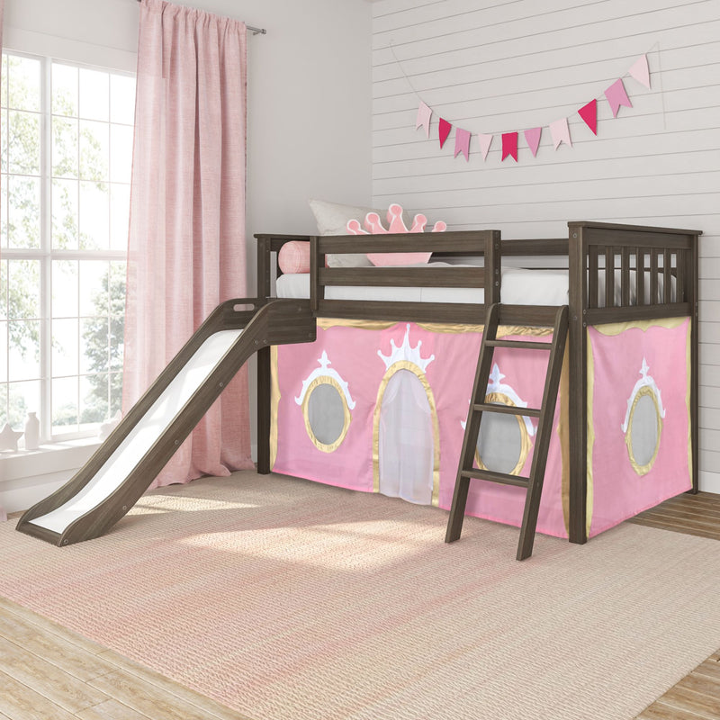 Twin Low Loft Bed with Slide & Princess Curtain