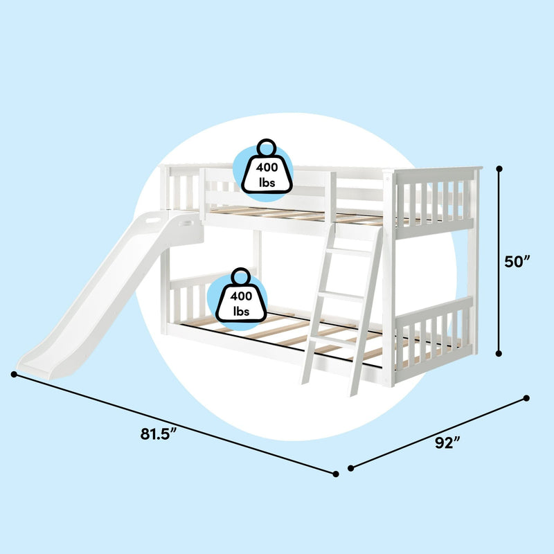 White wooden loft bunk bed with slide and ladder — kids twin-over-twin bunk with guardrails, 400 lb weight capacity per bed, product diagram showing 50″ height and 81.5″ × 92″ footprint, space-saving children's bedroom bed