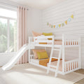 White wooden kids bunk bed with slide in bright pastel children's bedroom with shiplap wall, pink curtains and bunting