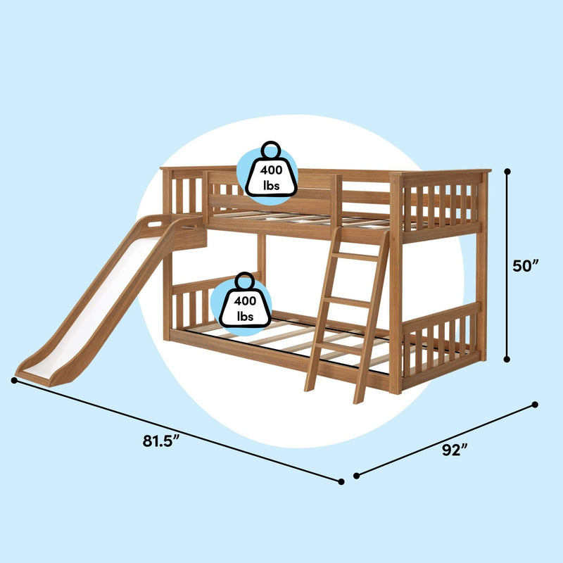 Wooden loft bed with slide and ladder, twin-over-twin bunk bed, 400 lb weight capacity, dimensions 92 in x 81.5 in x 50 in, natural finish