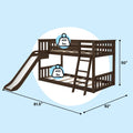 Dark espresso wooden kids loft bunk bed with slide and ladder, twin-over-twin style, 400 lb weight capacity per bed, sturdy slatted frame, dimensions 50 in H × 81.5 in L × 92 in W