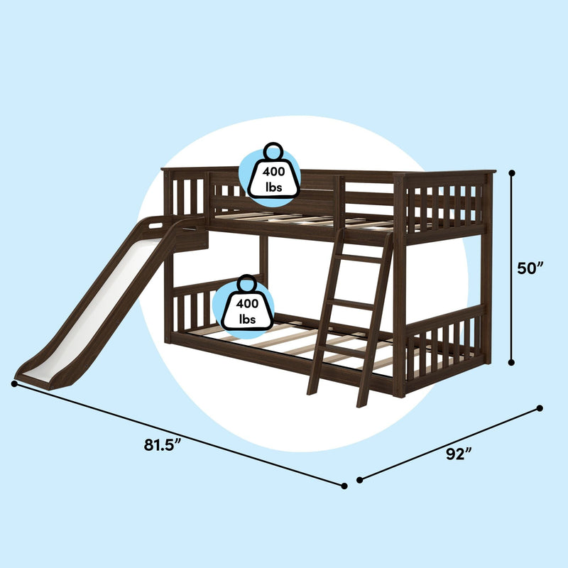 Dark espresso wooden kids loft bunk bed with slide and ladder, twin-over-twin style, 400 lb weight capacity per bed, sturdy slatted frame, dimensions 50 in H × 81.5 in L × 92 in W