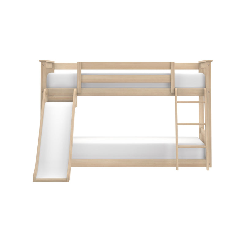 Light natural wood bunk bed with slide and ladder, top safety guardrail and white mattresses — space-saving kids' bedroom furniture