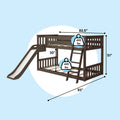 Dark wood kids loft bunk bed with slide and ladder, slatted guardrails and lower bed, 400 lb capacity icons and labeled dimensions (93" length, 51" height) on light blue background