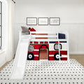 Kids white bunk bed with slide and red fire truck play tent in modern children's bedroom, framed fire engine prints and navy/red bedding