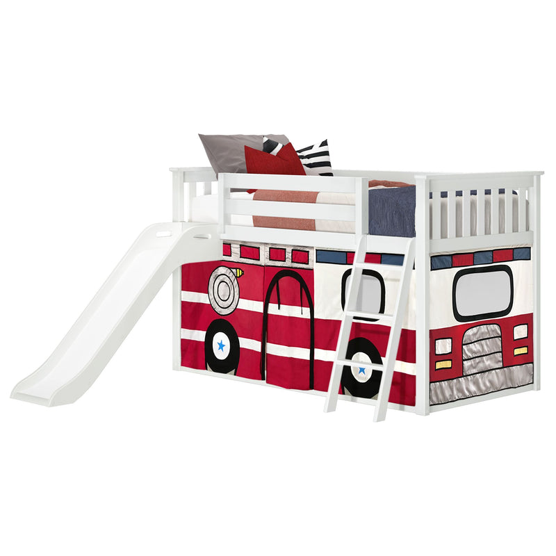 White wooden kids loft bed with slide and ladder and red fire truck play tent underneath