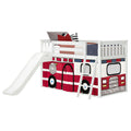 Twin Over Twin Low Bunk Bed with Slide & Firetruck Curtain