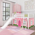 Children's white wooden loft bed with slide and pink playhouse curtain, canopy and ladder in pastel bedroom with floral wall art and large window