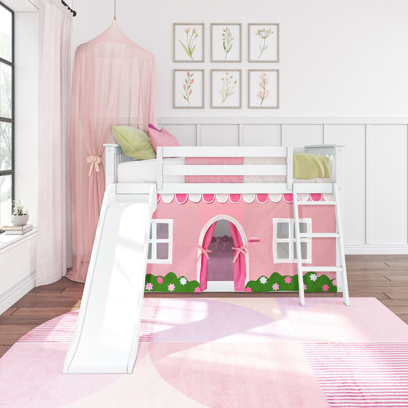 Twin Over Twin Low Bunk Bed with Slide & Pink & White Farmhouse Curtain