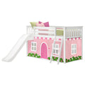 White kids loft bed with slide and ladder, pink princess playhouse tent skirt and green polka-dot pillows — girls' bunk loft bed