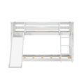 White wooden twin loft bunk bed with slide and ladder, space-saving modern kids' bedroom furniture