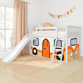 White wooden kids loft bed with slide and orange camper play-tent panels, pastel bunting and flower pillow in bright children's bedroom