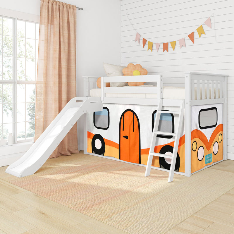 White wooden kids loft bed with slide and orange camper play-tent panels, pastel bunting and flower pillow in bright children's bedroom