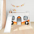 Kids white loft bunk bed with slide and orange camper play tent, pastel pennant garland on white shiplap wall, neutral pillows and beige curtain in modern nursery