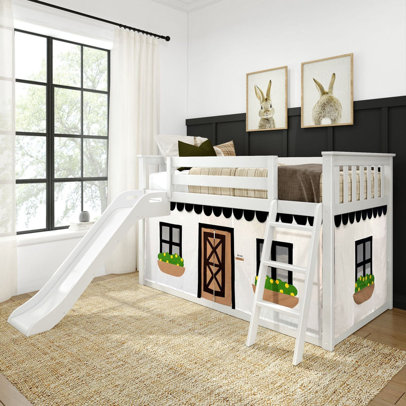 Kids white wooden loft bed with slide and ladder featuring farmhouse playhouse skirt with window boxes in bright modern children's bedroom with bunny wall art