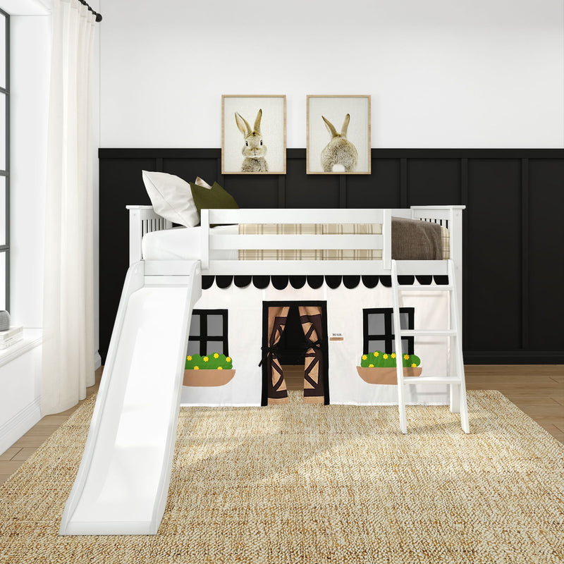 Twin Over Twin Low Bunk Bed with Slide & Black & White Farmhouse Curtain