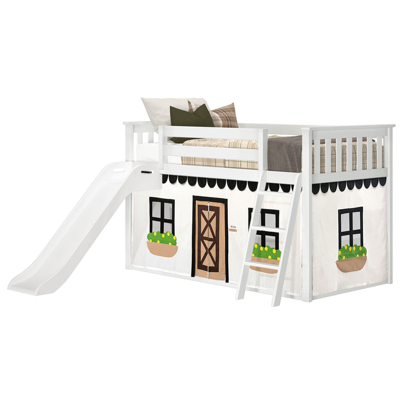 White wooden kids loft bed with slide and ladder, playhouse tent panels with window and flower boxes, neutral bedding and pillows