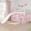 Kids' princess loft bed with slide and pink castle tent panels, white ladder, crown pillow, bunting and pink curtains in bright bedroom