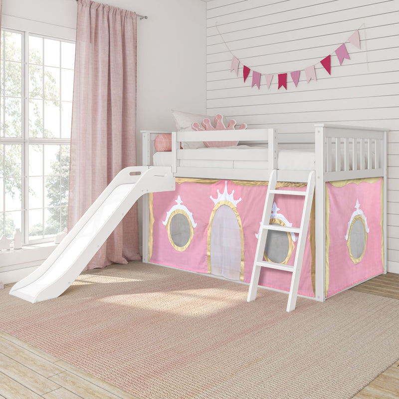 Kids' princess loft bed with slide and pink castle tent panels, white ladder, crown pillow, bunting and pink curtains in bright bedroom