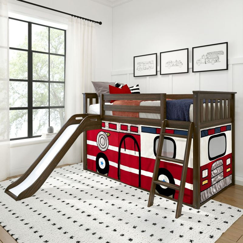 Twin Over Twin Low Bunk Bed with Slide & Firetruck Curtain