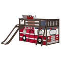 Twin loft bed with slide and ladder in dark wood, fire truck-themed play tent panels underneath, mattress and pillows — kids' bedroom furniture