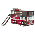 Twin Over Twin Low Bunk Bed with Slide & Firetruck Curtain