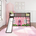 Twin Over Twin Low Bunk Bed with Slide & Pink & White Farmhouse Curtain